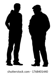 Two men are standing and talking. Isolated silhouettes on a white background