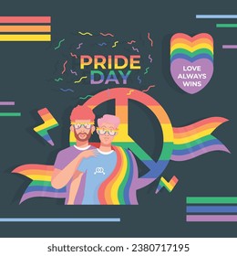 Dos hombres parados juntos, sonriendo y tomándose de la mano, con un texto encima de ellos que dice: ¡Día del Orgullo! El Amor Siempre Gana.