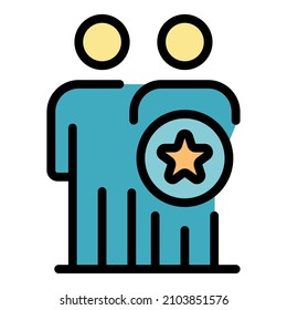 Two men and star coin icon. Outline two men and star coin vector icon color flat isolated