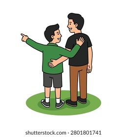 Two men stood side by side on a circular expanse of green grass. The shorter man wore a green jacket, the taller man wore a black shirt and brown trousers. Flat vector modern illustration