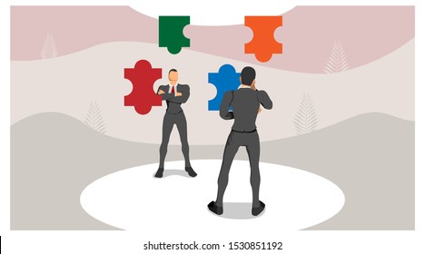 Two Men Stood Thinking About The Puzzle. Illustration Of Though Mind Determines Vision. Collide Ideas, Arrange Puzzles. Two Men Playing Four Puzzle Pieces. Eps10 Vector File