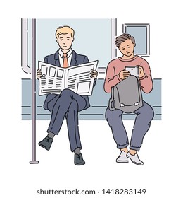 Two men in subway reading newspaper and using tablet, different people using media on transport, male commuters sitting on train, cartoon sketch vector illustration isolated on white background