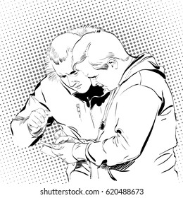 Two men in a suit reading the document. Business meeting. Discussion of business strategy. Vector illustration.
