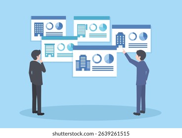 Two men in suits consulting while looking at a lot of company information