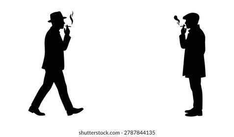 Two men in suits and hats smoking cigarettes facing each other black silhouette