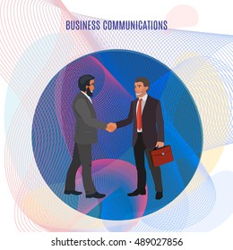 two men in suits shaking hands and smiling very friendly, conceptual business illustration