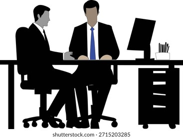 Two men in suits sitting at a desk with a computer and office supplies business meeting