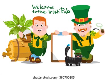Two men in suits standing near St. Patrick's wooden beer barrels and a large tablet.