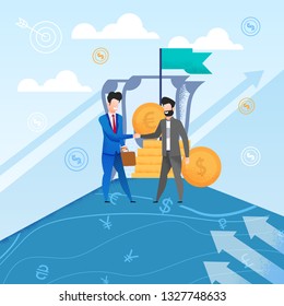 Two Men in Suits at Top Steep Mountain Shake Hands. Business Deal Against Sky and Clouds. Vector Flat Illustration. On Top Blue Mountain Money Bills worth Gold Coins and Blue Flag.