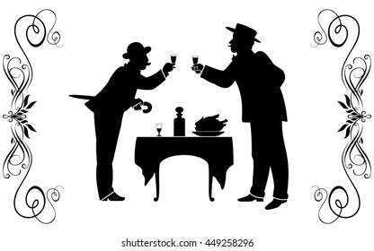 Two men in suits of XIX century have dinner at restaurant.