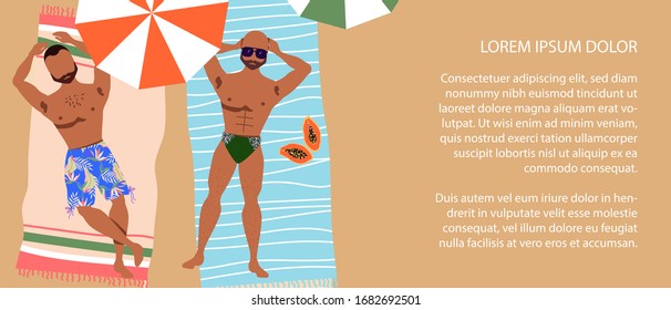 Two men sunbathing. Summer, beach concept. Homosexual couple having rest. Spa and resort vector illustration. Modern hand drawn banner and card design template. Top view of people on the beach.
