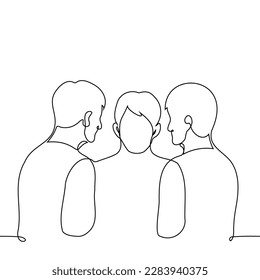 two men surrounded the third from both sides - one line drawing vector. concept to pressure, threaten, frighten, catch