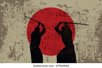 Two men with swords and a flag of Japan.