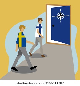 Two Men In T Shirt In Finland And Sweden Flag Are Walking To The Blue Open Door With NATO Logo Represent  Event That Finland And Sweden Decide To Join NATO Membership