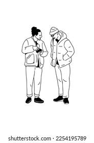 Two men taking pictures of people's lifestyles film camera photographer Hand drawn vector illustration.