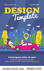 Two men taking taxi. Disabled, help. Flat vector illustration. Driver service concept can be used for presentations, banner, website design, landing web page