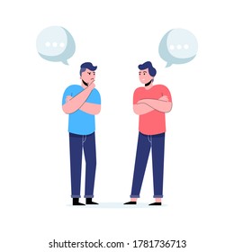 Two men talk, discussion, exchange of ideas with speech bubble. Flat vector illustration