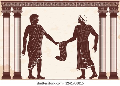 Two men are talking in ancient Greek court with papyrus in their hands. Figure on a beige background with the aging effect.