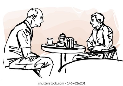 Two men talking in the cafe sketch