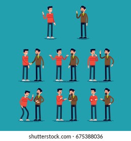 Two men talking. Creative set of flat vector character design on conversation poses and gestures of two casually clothed men