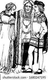 Two men talking to female standing near them, vintage line drawing or engraving illustration