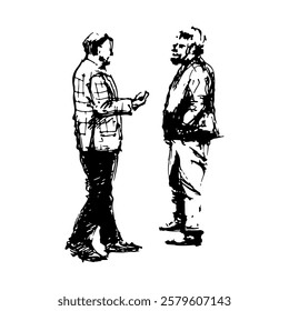 Two men talking. Full-body characters in motion, interacting with each other. Hand-drawn sketch. Black and white doodle vector.