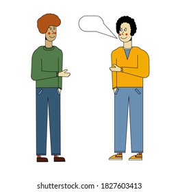 The two men are talking. Meeting guys. Morning greeting. Vector illustration in flat style