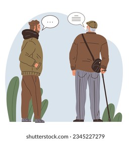 Two men are talking. Meeting people in city park or garden back view friends old and young male characters communicating, exchange information. Morning greeting, passers-by are talking outdoors