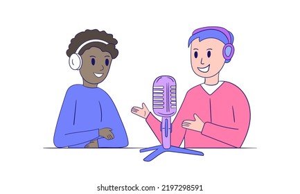Two men talking on live streaming. Concept of podcast in studio. People in headphones on interview, broadcast, recording audio. Black and white guys