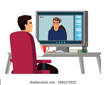 Two men talking at online video call. Communication via computer screen vector illustration. Workers talking on videoconference with cup and books. Virtual digital meeting.