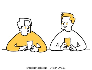 Two men talking over drinks.