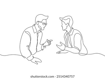 Two Men Talking Single Line Drawing. People Talking Minimalistic Black Lines Drawing on White Background. Business Concept Abstract Linear Sketch Drawing. People Modern Design. Vector EPS 10