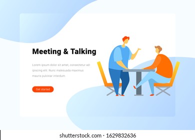Two Men talking standing and sitting at Table Flat vector illustration. Landing Page design template.