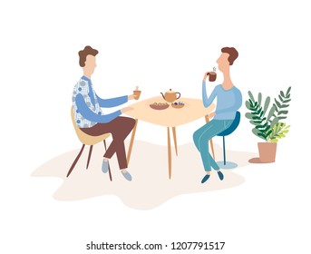 Two men are talking at a table in a cafe. Discuss over a cup of tea . Modern flat vector illustration.