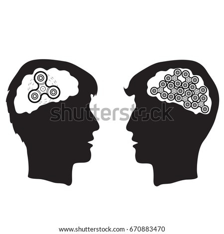 Two men are talking and thinking about spinners. Mental meditation with spinner in the brains. Black silhouettes on white background.