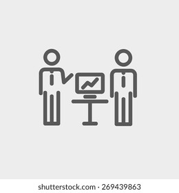 Two men and their business report icon thin line for web and mobile, modern minimalistic flat design. Vector dark grey icon on light grey background.