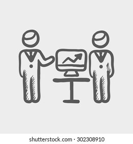 Two men and their business report sketch icon for web and mobile. Hand drawn vector dark grey icon on light grey background.