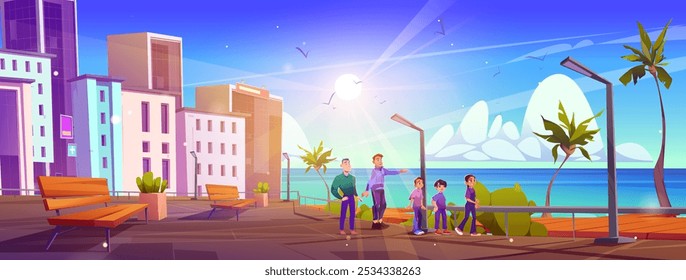 Dos hombres y tres adolescentes caminando por la calle frente al mar con mar azul o agua del océano en el horizonte, banco de madera y palmeras verdes, edificios de rascacielos de la ciudad y cielo soleado con nubes. Vector de dibujos animados