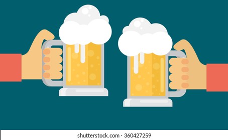 Two men toasting glasses of beer. Flat vector.