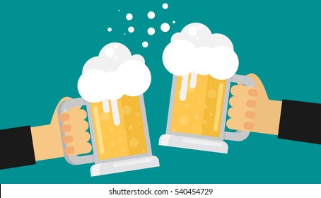 Two men toasting glasses of beer. Flat vector.