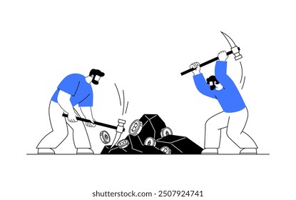 Two men with tools mining digital cryptocurrency coins from rocks. Depicts cryptocurrency, mining, blockchain technology. Useful for digital currency, fintech, crypto mining.