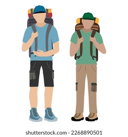 Two men tourists with a large backpacks. Active lifestyle vector cartoon