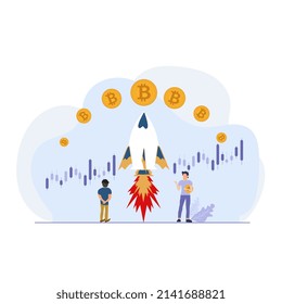 Dos hombres intercambiando en la gráfica criptográfica, sosteniendo la moneda de bitcoins en flecha de tendencia ascendente y diseño de la gráfica.
