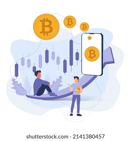 Two men trading on cypto chart, holding bitcoins currency on up trend arrow and chart design, abstract Arrow on white background, crypto currency concept, payments Vector