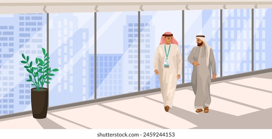 Two men in traditional Arab attire walking in an office setting, vector illustration, light cityscape background, concept of business. Vector illustration