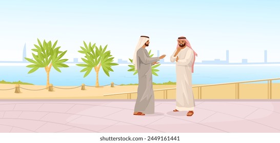 Two men in traditional Arabian clothing talking on a promenade with palm trees and a waterfront cityscape in the background. Vector illustration