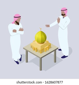 Two men in traditional arabic clothes are considering layout of mosque. Arab architects are developing a temple building design. Scene of people in isometric view.