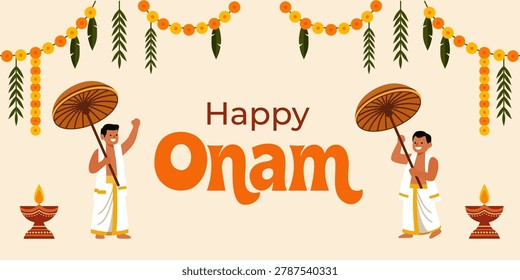 Two men in traditional Indian attire hold umbrellas in celebration of the Onam festival. A festive greeting card featuring floral garlands and oil lamps. The concept of a cultural harvest festival in India.