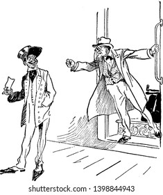 Dos hombres en una estación de tren donde un hombre tiene un boleto mientras el otro se está inclinando fuera del tren con el puño en alto, un dibujo de una línea vintage o una ilustración grabadora.