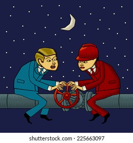 Two men try to keep the tap on the gas pipe.
